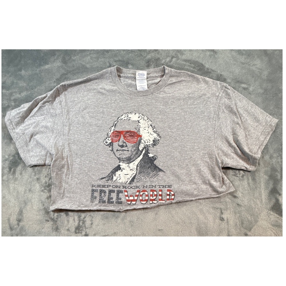 Delta Pro Weight George Washington Rockin Free World Cropped Graphic Tee Grey L